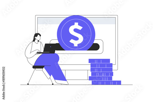 Cryptocurrency mining. Businesswoman invests money in crypto business, buys and sells bitcoins on exchange and increases her profit. Flat Cartoon Vector Illustration, icon Stylish abstract design web
