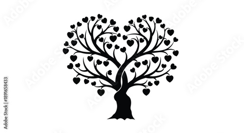 A black silhouette of a tree shaped like a heart with leaf hearts