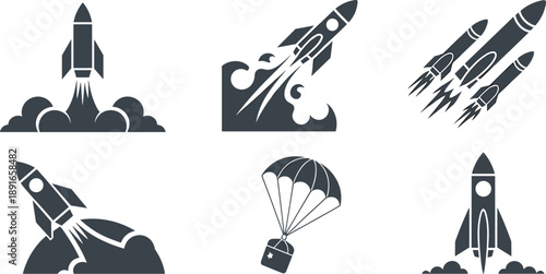 Black silhouette vector set featuring various space rockets launching into orbit with smoke clouds and a cargo capsule descending on a parachute for aerospace design