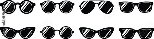 Stylized black sunglasses icon set with reflective lenses in various frame shapes for fashion, eyewear design, catalog, and digital style reference.