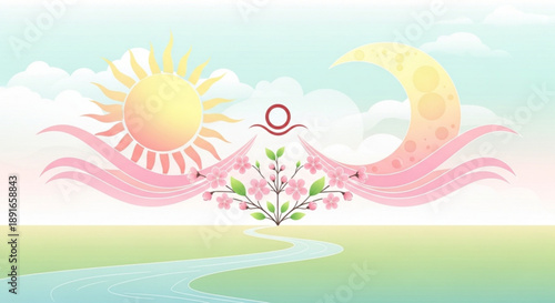 Sun and moon with pink wings and flowers by a winding river