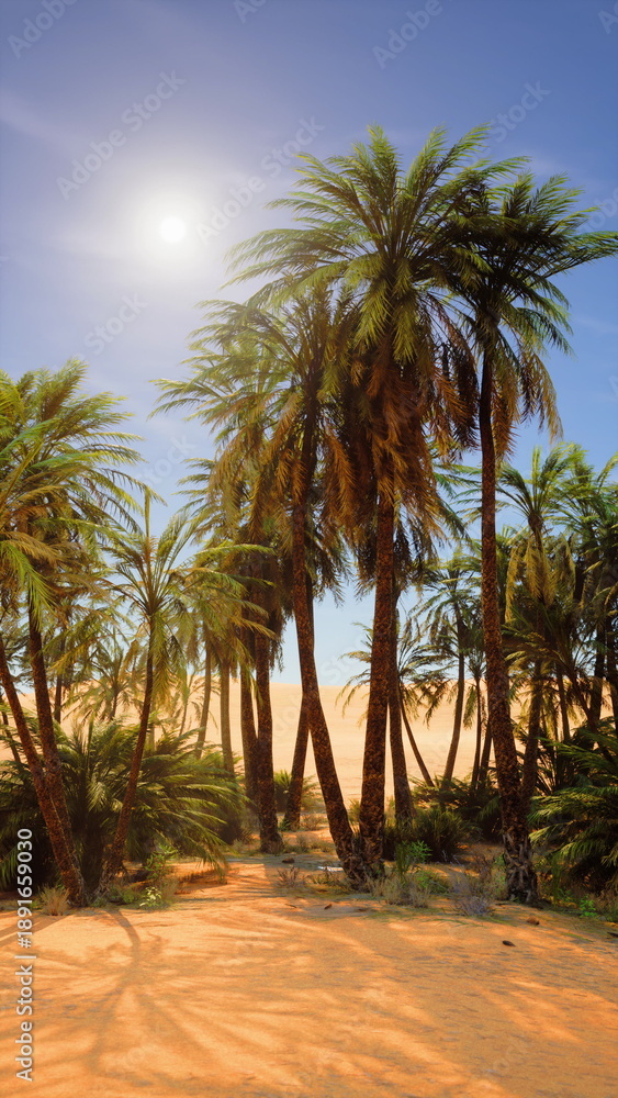 Obraz premium Lush palm trees sway gently in the warm breeze, casting their shadows on golden sands beneath a clear blue sky. The sun shines brightly, creating a serene oasis atmosphere in the desert.