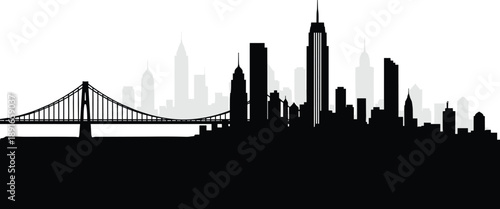 Minimalist city skyline silhouette with suspension bridge and iconic skyscrapers on white backgroundMinimalist city skyline silhouette with suspension bridge and iconic skyscrapers on white background