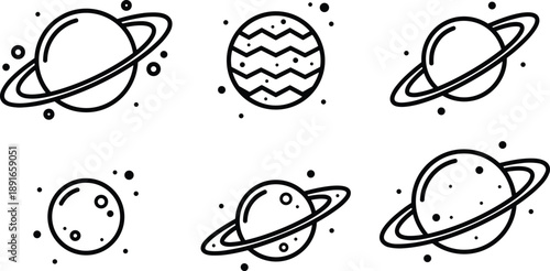 Black and white stylized planet icons with rings, patterns, and dots for space, astronomy, science, and cosmic vector illustrations