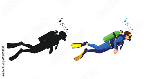 Two depictions of a scuba diver one silhouette and one colorful illustration