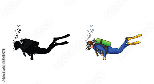 Diver illustration a silhouette and a colorful depiction underwater