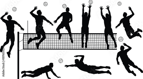 Set of volleyball player silhouettes jumping and spiking over net, athletic character poses for CAD drawing, flat vector illustration isolated on white.