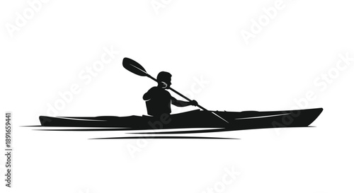 Silhouette of a kayaker paddling on calm water a minimalist design