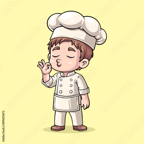 Cute Chef Cartoon Illustration. Young Chef, Child Cook, Junior Baker, Kitchen Boy With Chibi Style