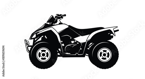 A black and white silhouette of an all terrain vehicle viewed from the side