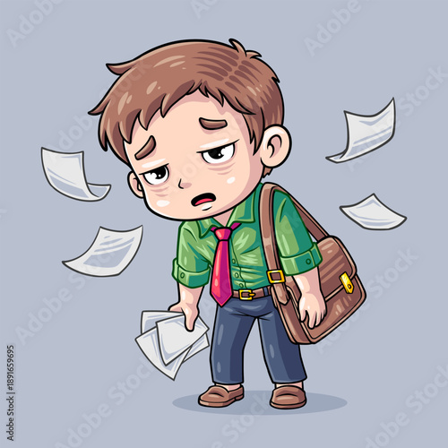 Stressed employee Cartoon Illustration. Tired, Exhausted Businessman, Overworked Clerk, Frustrated Worker Cute Chibi Style