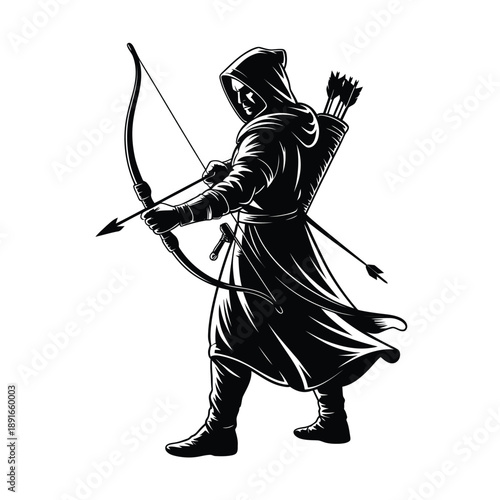 A hooded archer prepares to release an arrow with a drawn bow