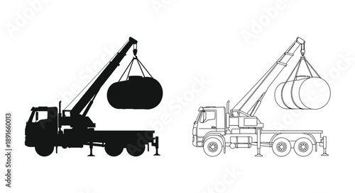 Two depictions of a mobile crane lifting a large cylindrical object