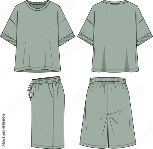 Women's Casual Lounge Set Technical Fashion Sketch Featuring Oversized Boxy T-Shirt with Cuffed Sleeves and Matching High Waisted Long Shorts in Sage Green