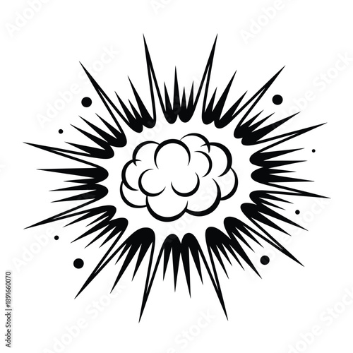 Black and white comic book explosion with radiating lines and cloud