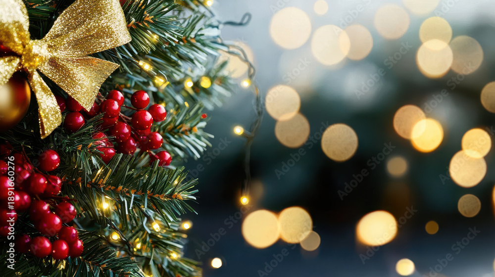 Obraz premium Festive Christmas wreath adorned with golden ribbon, red berries, and twinkling lights creates warm holiday atmosphere