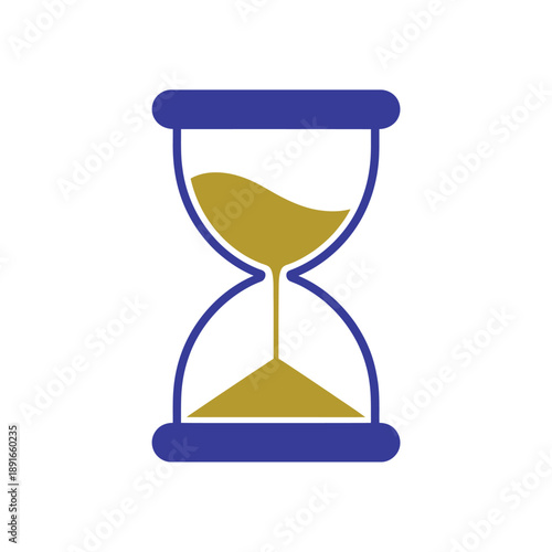 A simple illustration of a blue hourglass with golden sand