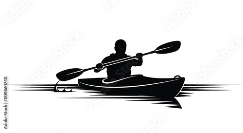 Silhouette of a kayaker paddling on water with flowing lines