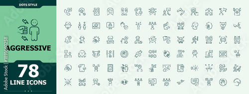 Aggressive vector line icon set. Aggression line icon set. Icons for UI design. Contain linear sign attack, offensive, reaction, anger and more. Editable vector art.