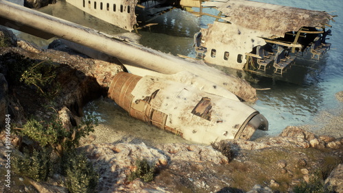 Fotografie An old, rusted plane wreck is partially submerged in clear water next to a rocky coast