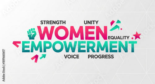 Women empowerment concept with colorful text and symbols on gray background