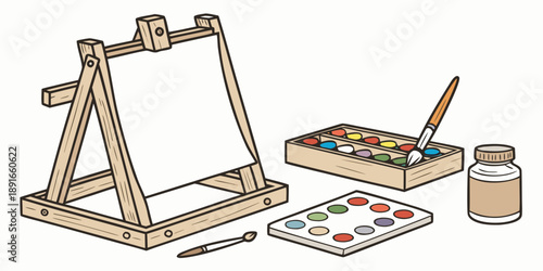 artist's easel, acrylic paints, paint brushes, wooden palette, oil painting, still life, detailed rendering, warm colors, traditional art medium, artistic supplies, studio aesthetic, hyperrealistic, d