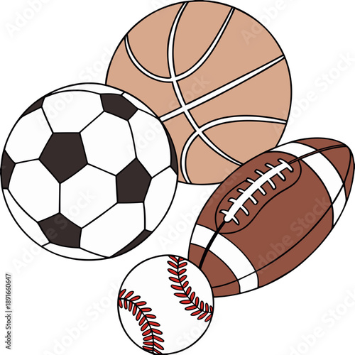 sports equipment, basketball, soccer ball, american football, baseball, colorful vector illustration, realistic style
