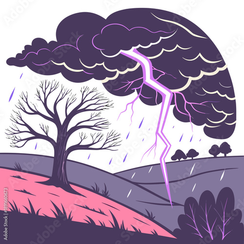 dark and moody landscape, dramatic stormy clouds, lightning bolt striking tree, bare branches, grassy meadow, moody, atmospheric, digital illustration

