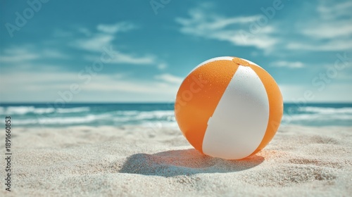 Orange and white beach ball on sandy beach with ocean waves and blue sky.