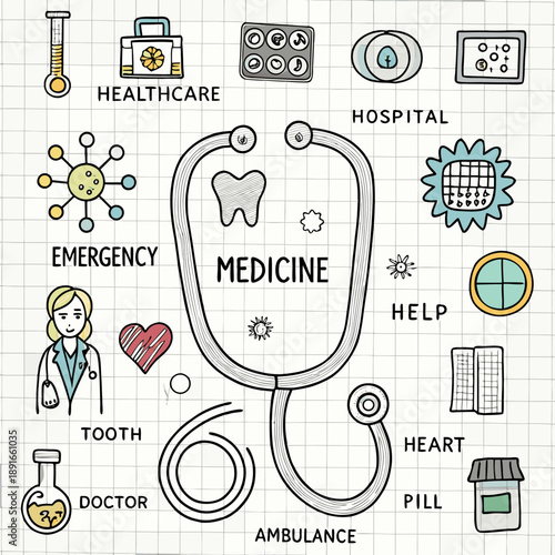 Hand drawn medical icons and symbols representing healthcare and emergency services