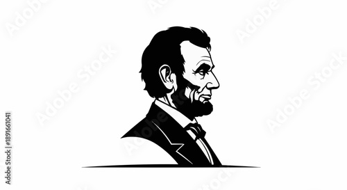 Black and white illustration of abraham lincoln profile portrait in suit and tie on white background with subtle shadow effect