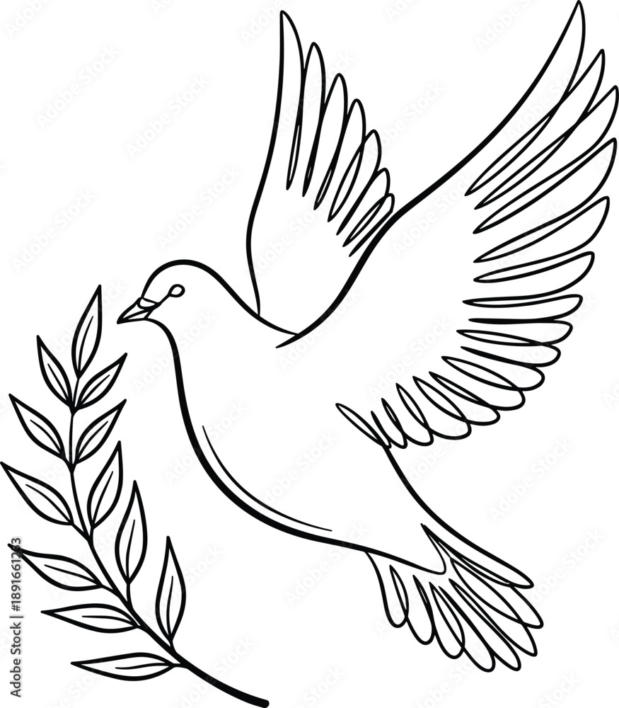 Fototapeta premium Continuous Line Art Illustration of a Flying Peace Dove Carrying an Olive Branch Symbolizing Hope Freedom and Spirituality in Minimalist Black and White Style