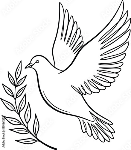 Continuous Line Art Illustration of a Flying Peace Dove Carrying an Olive Branch Symbolizing Hope Freedom and Spirituality in Minimalist Black and White Style
