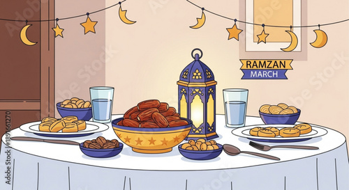 Ramadan mubarak iftar table setting with traditional food and decorations