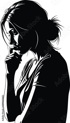 Black and white of woman with hand on chin female portrait black, white, woman, female, portrait, profile, hand on chin, thinking, pensive, hair in bun, simple background, silhouette, monochrome, hand