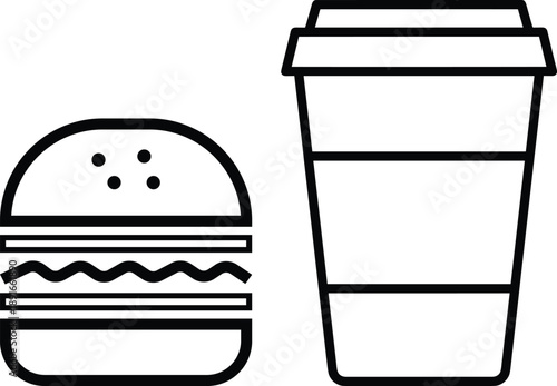 A simple line art icon representing a hamburger and a disposable coffee cup
