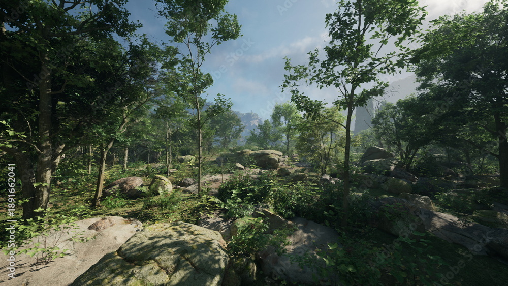 Fototapeta premium Sunlight streams through the lush canopy of trees, highlighting rocks and greenery in a serene forest setting. Birds chirp as nature thrives in this peaceful environment.