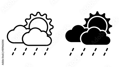 Light Rain icon set. A simple outlined partly sunny and rainy weather icon representing a forecast with sun partially covered by clouds and rain falling.