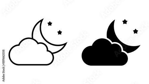 Partly Cloudy Night icon set. Minimalist illustration of a night sky scene featuring a cloud, crescent moon, and stars.
