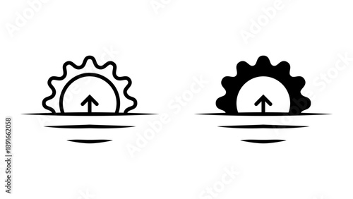Sunrise icon set. illustration of a sunrise with an arrow pointing upwards from the horizon. Simple icon of rising sun symbol with a modern feel.