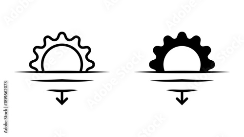 Sunset icon set. illustration of a sunset over water with an arrow pointing downwards, symbolizing setting or going down. Suitable for a wide range of applications.