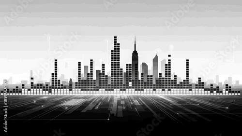 Modern City Skyline with Abstract Sound Equalizer Bars at Night in Bright Studio