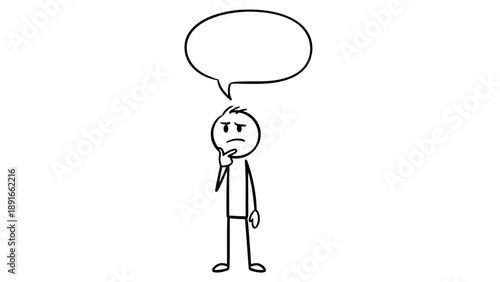 Thoughtful stick figure man with hand on chin and empty speech bubble above head on isolated white background