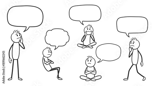 Group of diverse stick figures with empty speech bubbles above heads engaged in thinking or discussion on isolated white background