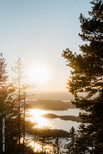 Golden sunset over Tyrifjorden lake seen from Kongens Utsikt viewpoint in Hole, near Hønefoss, Norway