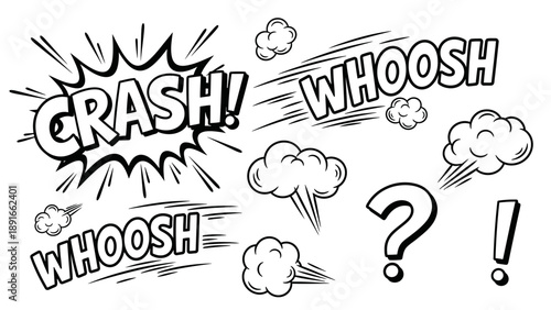 Collection of Comic Book Sound Effects Crash, Whoosh, and Question Mark with Smoke Clouds on Isolated White Background