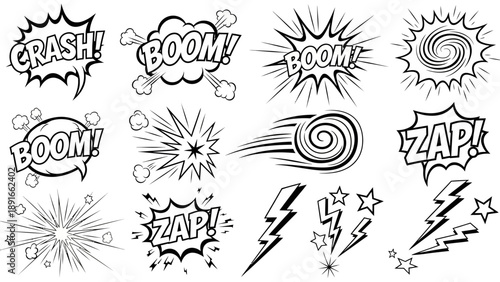 Set of Comic Book Speech Bubbles and Explosion Elements Like Boom, Zap, Crash on Isolated White Background