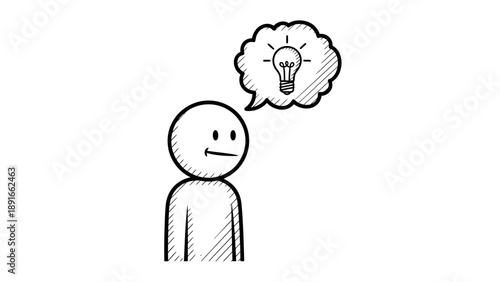 Stick figure having a bright idea with a lightbulb in a thought bubble, symbolizing creativity and inspiration, isolated white background.