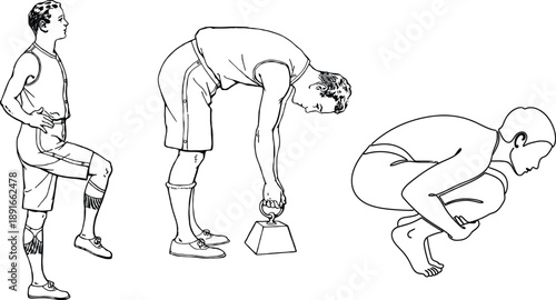 Human Body Stretching Exercises Line Illustration Set, Fitness Warm Up and Mobility Poses, Vintage Medical Style Vector