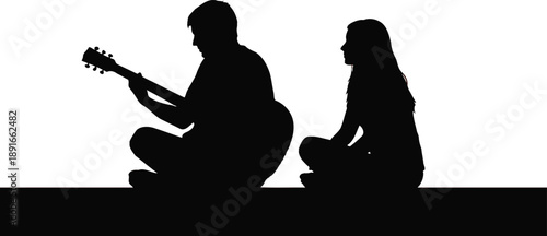 Silhouette of man playing guitar and woman sitting together on ground isolated on white background